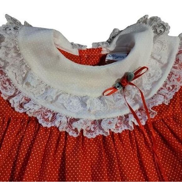 Vintage 18 months Bryan Red White Polka Dot Dress, Lace Collar Dress - Picture 2 of 4